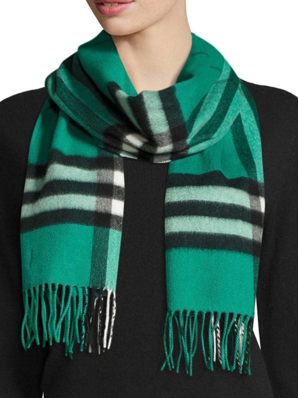 Burberry cashmere Green Plaid Fringe Wrap Scarf
